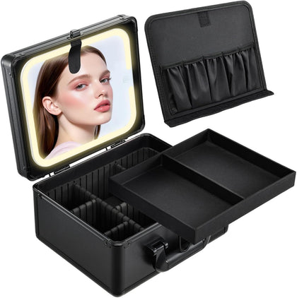 Makeup Case with Lighted Vanity Mirror, Makeup Organizer Box Travel Make up Case with LED Mirror Portable Cosmetic
