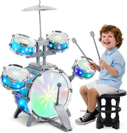 Kids Drum Set for Age 3-5, Light Up Drums with Stool & Sticks | Colorful Aurora Effects, Bass Pedal and Cymbal, Soft