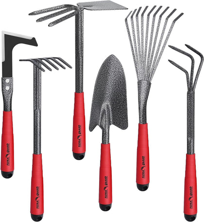 6-Piece Garden Tool Set, Heavy Duty Gardening Hand Tools with Trowel, Rakes, Cultivator, Hoe & Crack Weeder, High