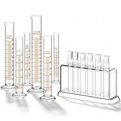 6 Glass Graduated Cylinders 5-250ml with Test Tubes Rack Lab | 6 Measuring Sizes for Experiments, Includes Test Tubes