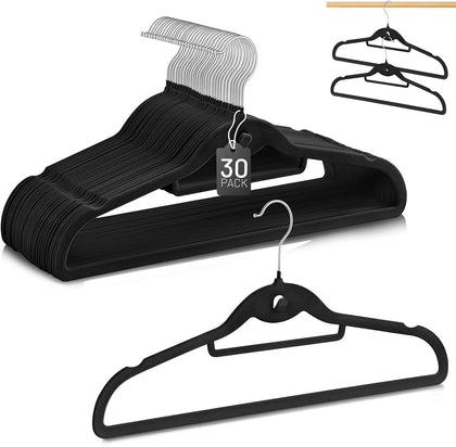 Velvet Stackable Hangers 30 Pack, Clothes Hanger Non Slip Felt with Hook | Black Hangers, 360° Swivel Hook, Thin