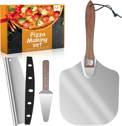 Aluminum Pizza Peel 12x14" With Foldable Wooden Handle - Metal Paddle, Rocker Cutter, and Server for Pizza Oven