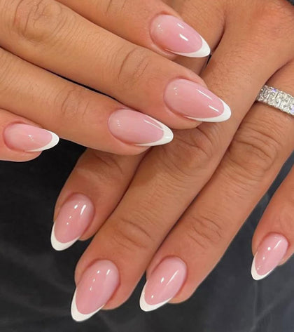 French Tip Press on Nails Short Pink French Almond False Tips White Glossy Reusable Fake Stick on Nails Kit for Women