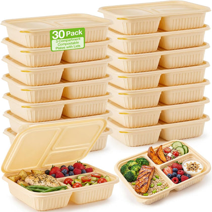 30 Pack(60 Pcs) 3 Compartments Compostable Plates with Lids