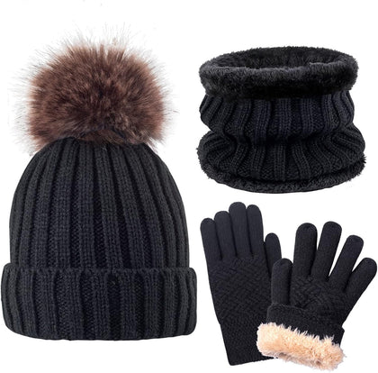 Kids Winter Knit Beanie Hat Scarf Gloves Set for Girls Boys Warm Thick Fleece Lined Cap with Pompom Mittens Neck Warmer