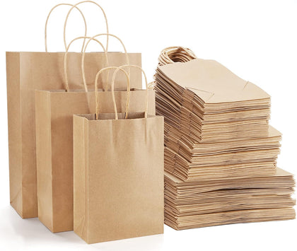 105 Pack Brown Kraft Gift Bags with Handles, Natural Plain Kraft Paper Shopping Bags Bulk for Retail Business