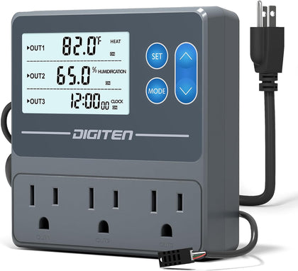 Digital Temperature Humidity Controller Pre-Wired Outlets for Mushroom, Reptile, Heating/Cooling On Outlet 1
