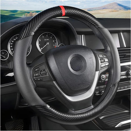 Carbon Fiber Steering Wheel Cover, Universal 15 inch Breathable Anti Slip, Black, Leather & Carbon Fiber, Truck &