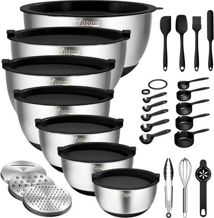 Mixing Bowls with Airtight Lids, 27 PCS Stainless Steel Nesting Bowls, with 3 Grater Attachments, Scale Mark &