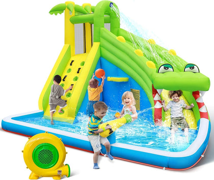 Inflatable Water Slide:5 in 1 Crocodile Bounce House Water Park for Kids - Climbing Wall Splash Pool Water Cannon