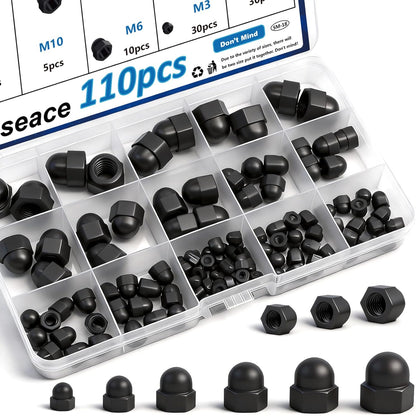 110Pcs 6-Sizes Hex Acorn Cap Nuts Assortment Kit - M3/ M4/ M5/M6/M8/M10 Bolt Cover Caps for Protection, Indoor and