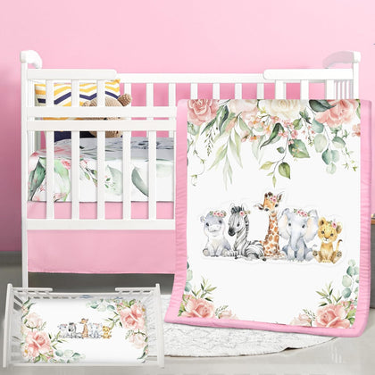 3 Pcs Baby Crib Bedding Set Safari Animals Dinosaurs Bear Woodland Animals Jungle Crib Set Includes Quilt, Fitted