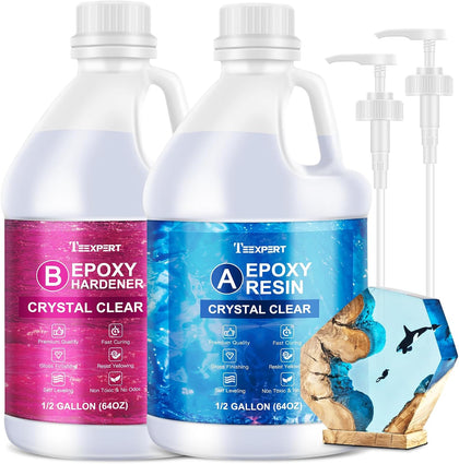 Crystal Clear Epoxy Resin Kit: 1 Gallon & Bubbles-Free | Auto-Defoaming Formula Self-leveling high-gloss with pumps;