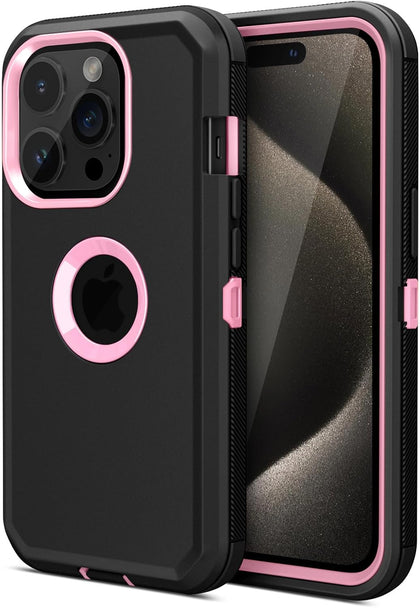 for iPhone 15 Pro Max Case Heavy Duty Drop Protection Black Pink | Drop Protection Screenless Dual Layer Shockproof