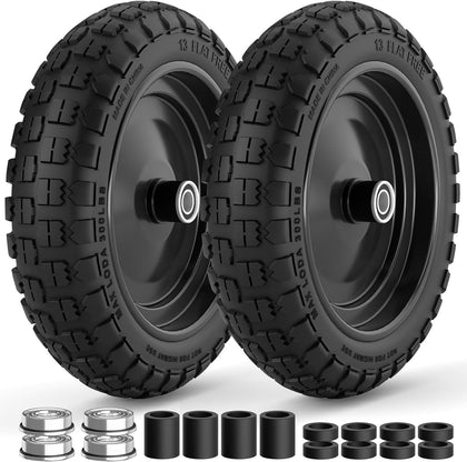 4.00-6 Flat Free Tire and Wheel, 13 Inch Solid Garden Wheelbarrow Tires, 300Lbs with 5/8" & 3/4" Axle Hole, 1"-3.5"