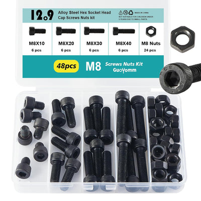 M8 x 10mm 20mm 30mm 40mm Hex Socket Head Cap Screws Bolts and Nuts, 12.9 Grade Alloy Steel, Black Oxide Finish, Metric Allen Drive, Fully Thread, Assortment Kit 48PCS