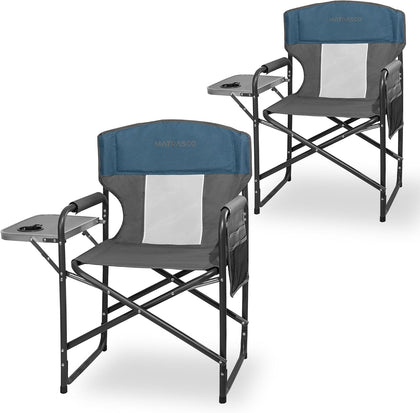 Oversized Director Camping Chair 2-Pack with Side Table, Blue | Heavy-Duty Steel Frame, Practical Side Table &