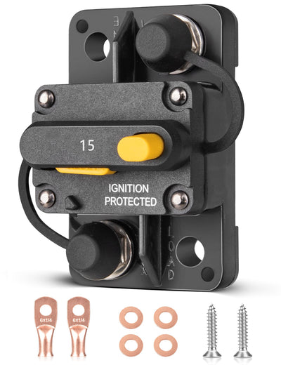 RED WOLF 15A Circuit Breaker Manual Reset, Mid Range Mini Fuse DC 12-32V, #10-32 Stud for Marine Boat Trolling Car Electronic Battery Solar System w/6 AWG-1/4 Wire Lugs Screw Kit Waterproof IP67