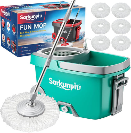 Mop and Bucket Set with Wringer, Spin Mop Floor Cleaning System with 6 Replacement Microfiber Heads & 61" Extra-Long