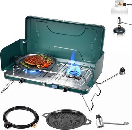 2 Burner Propane Stove, 20000BTU Portable Camping Stove with 2 Adjustable Burner and Wind Guards, Camping Cooktop
