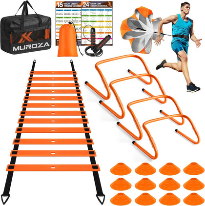 Agility Ladder, Agility Speed Training Equipment Set, 20ft Speed Ladder | 4 Hurdles, 12 Soccer Cones, Jump Rope
