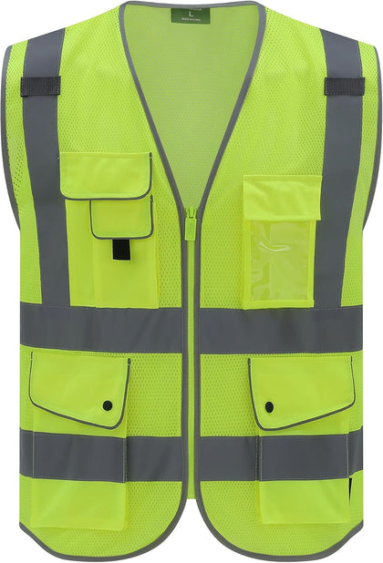High Visibility Reflective Safety Vest | ANSI Class 2 Hi Vis Construction Work Vest with Multi Pockets, Breathable