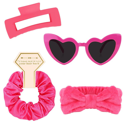 4 Pcs Hot Pink Bridesmaid Proposal Gifts Bridesmaid Spa Headband, Hair Claw Clips, Heart Shaped Sunglasses and Smooth
