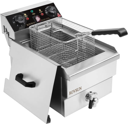 12.5QT Electric Deep Fryer w/Frying Basket, Timer, Drain, & Lid, Stainless Steel Commercial Countertop Single Tank