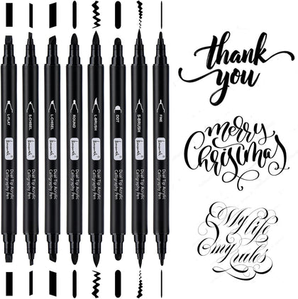 Calligraphy Pens, 8 Size Dual Tip Black Acrylic Calligraphy markers for Writing, Brush Pens Calligraphy Set for
