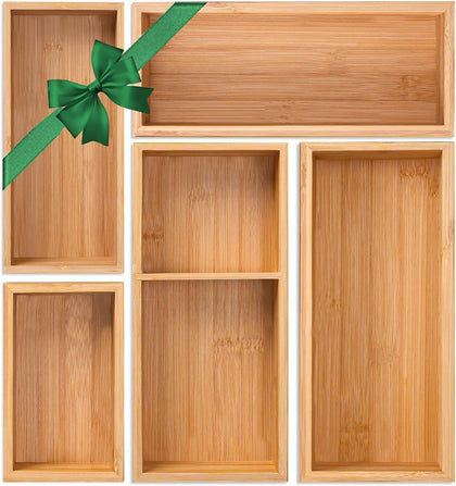 Bamboo Drawer Organizer 5 Pcs for Kitchen Multi-purpose Storage Dividers for Kitchen, Office, Jewelry, Cosmetics