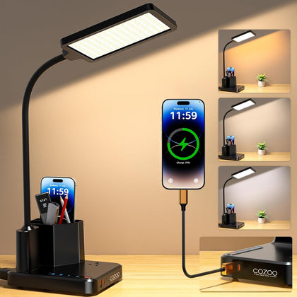 Desk Lamp, COZOO LED Desk Lamps for Home Office with USB Charging Port/Outlet/Organizer,Desk Lamp for College Dorm