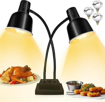 Food Heat Lamp, Commercial Food Warmer 250W Dual Head Heat Lamp for Food, Stainless Steel Catering Food Warming Lamp
