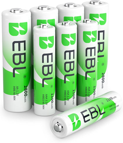 AA AAA Rechargeable Batteries Combo, 4 AA 2800mAh with 4 AAA 1100mAh | NiMH Batteries, Mercury-Free, 1200 Cycles