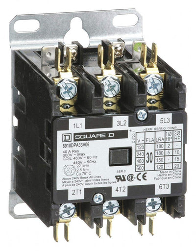 Square D 480VAC Definite Purpose Contactor; No. of Poles 3, 30 Full Load Amps-Inductive