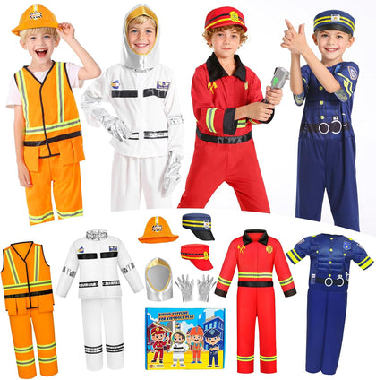 Kids Pretend Role Play Costumes, Dress Up Clothes for Toddlers | 4 Sets Astronaut, Policeman, Firefighter, Engineer