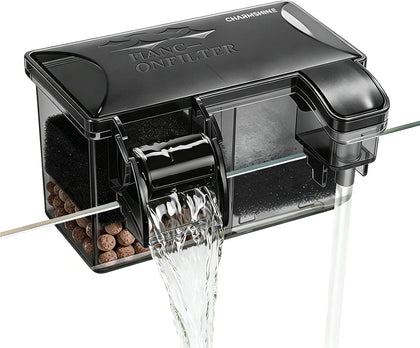 Hang-on-Back Aquarium Filter Box with Reusable Filter Media, Waterfall Oxygenation, Fits High & Low Water Level, for