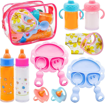 15 PCS Baby Doll Accessories Magic Bottle Set,Pretend Play Feeding Toys,Doll Feeding Set with Package for