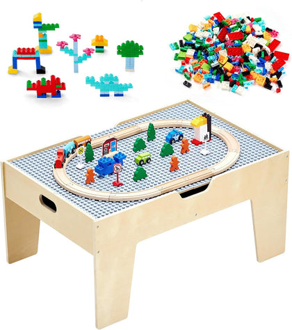 Multi-Purpose Activity Play Table, 290 Building Bricks and 30-Piece Wooden Train Set Railway, Vehicles, Tracks and