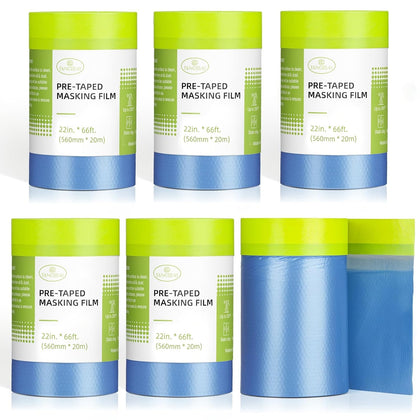 Pre-Taped Masking Film for Painting - 22" x 66' Painters Plastic Sheeting with Automotive Paint Tape and Drape for
