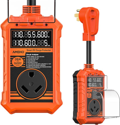 RV Surge Protector 30 Amp, 16000J with Smart Auto Shutoff – Waterproof – LED Large Screen Real-Time Circuit Analyzer