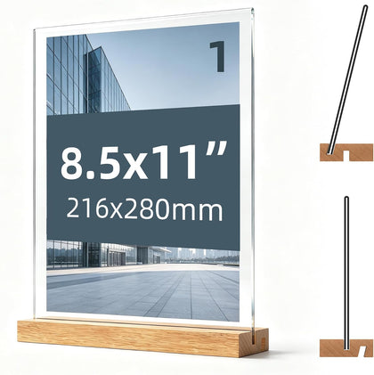 Acrylic Sign Holder with Wood Base, Dual Slot Design L/T Shape Tabletop Display Stand, Vertical Double-Sided & Slant