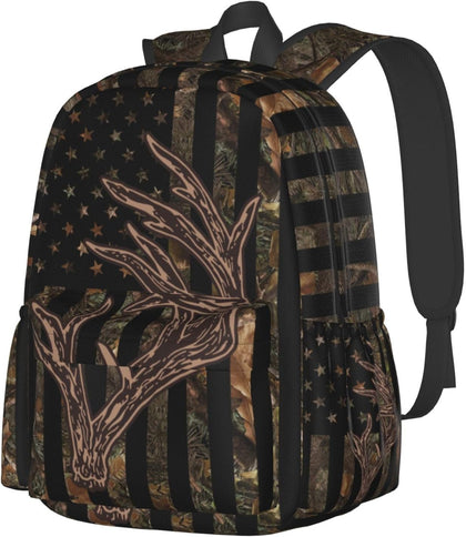 Camo Hunting Backpack USA Flag Deer School Bag Lightweight Bookbag Casual Daypack for Girls Boys Kids Women Men