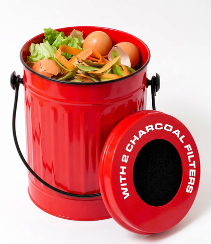 Countertop Compost Bin Kitchen with Lid, Red 1.5 Gallon Odorless Compost Container, Steel Food Compost Bucket for