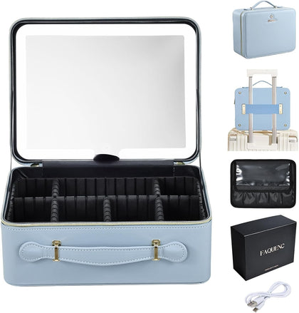 Leather Makeup Case with LED Lighted Mirror 11.4 Inch Travel Makeup Bag Adjustable Brightness in 3 Colors Cosmetic