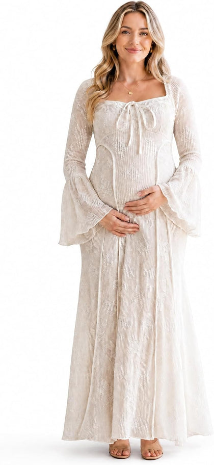 Square Neck Bell Sleeve Lace Maternity Dress Floral Sheer Mesh Fishtail Maxi Gown Tie Front Bodycon for Baby Shower
