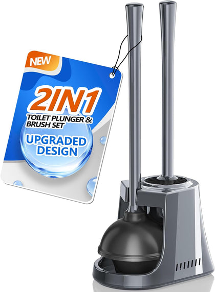 Toilet Plunger and Brush with Holder, Bowl Brush and Heavy Duty Toilet Plunger Set with Ventilated Holder, 2-in-1