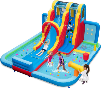 Inflatable Water Slide, 14 x13FT Kids Mega Waterslide Park w/Super Long Slide for Racing Fun, Ball Pit & Ring-toss