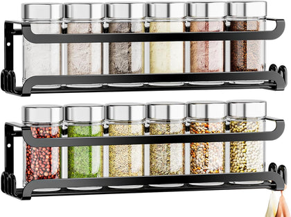 2 Pack Wall Mounted Spice Rack with 8 Hooks, Spice Organizer Shelf for Stove Cabinet Pantry Door,Screw or Adhesive