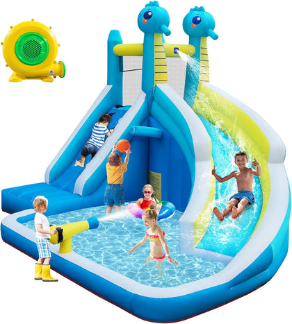 Inflatable Water Slide for Kids Backyard, 5-in-1 Bounce House with Climbing Wall, Splash Pool, Water Cannon &