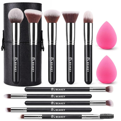 13PCS Makeup Brush Set with Case & 2 Sponges, 10 Brushes Full Face Kit, Beginner Friendly, Soft Synthetic Bristles